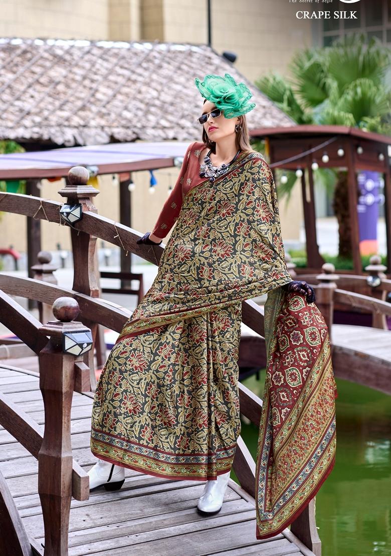 Golden Floral Print Pure Satin Saree Set