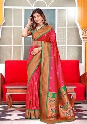 Pink Zari Woven Silk Saree Set