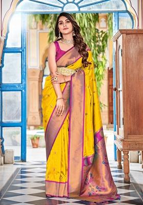 Yellow Zari Woven Silk Saree Set