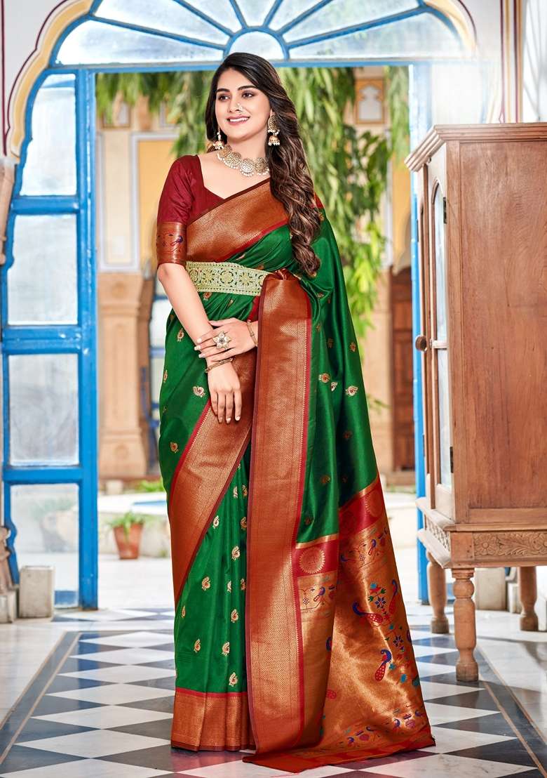 Green Zari Woven Silk Saree Set - Indya
