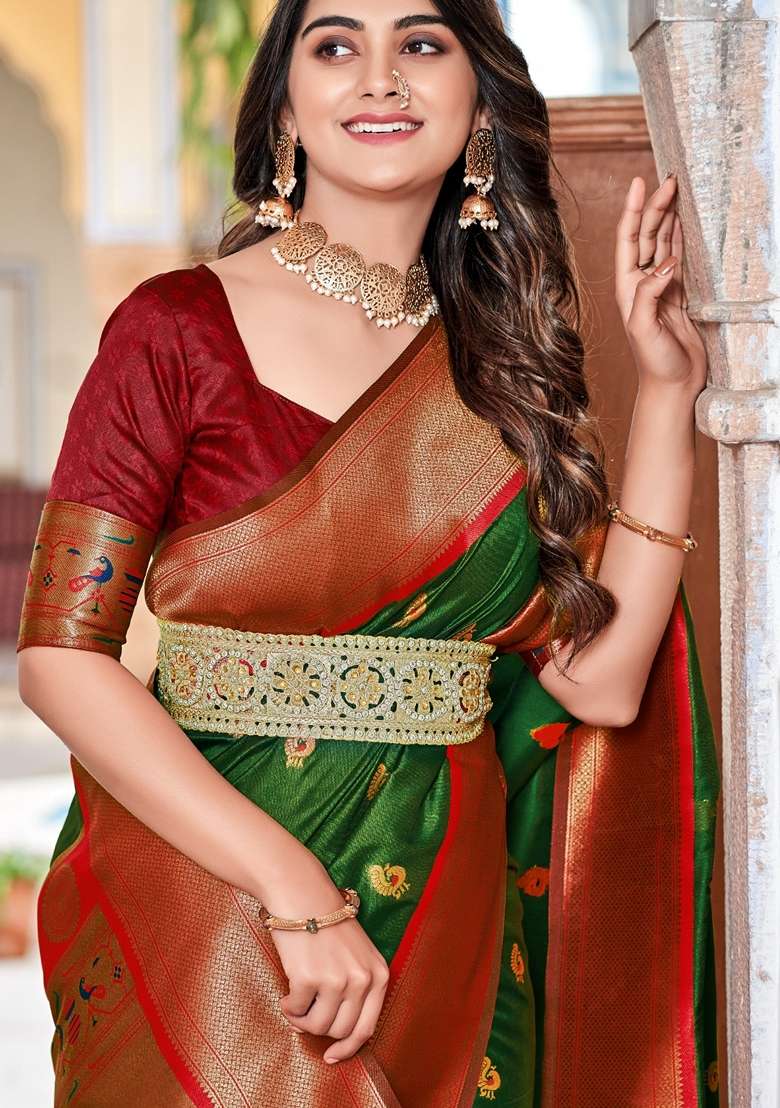 Green Zari Woven Silk Saree Set - Indya