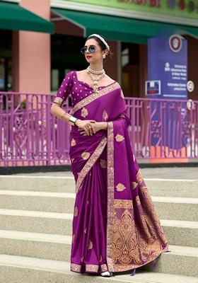 Purple Zari Woven Pure Satin Saree Set