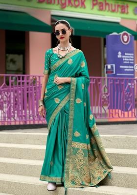 Green Zari Woven Pure Satin Saree Set