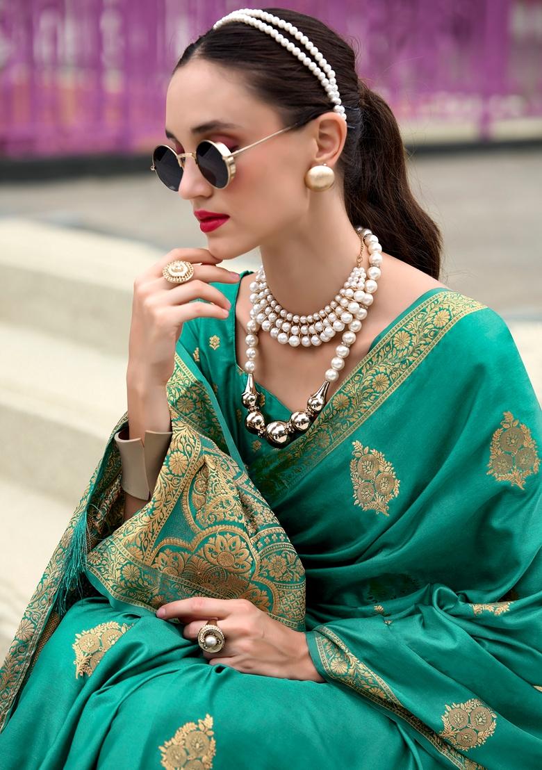 Golden Zari Woven Pure Satin Saree Set