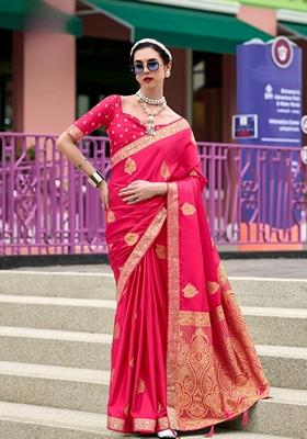 Pink Zari Woven Pure Satin Saree Set