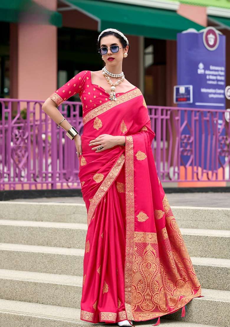 Pink Zari Woven Pure Satin Saree Set - Indya
