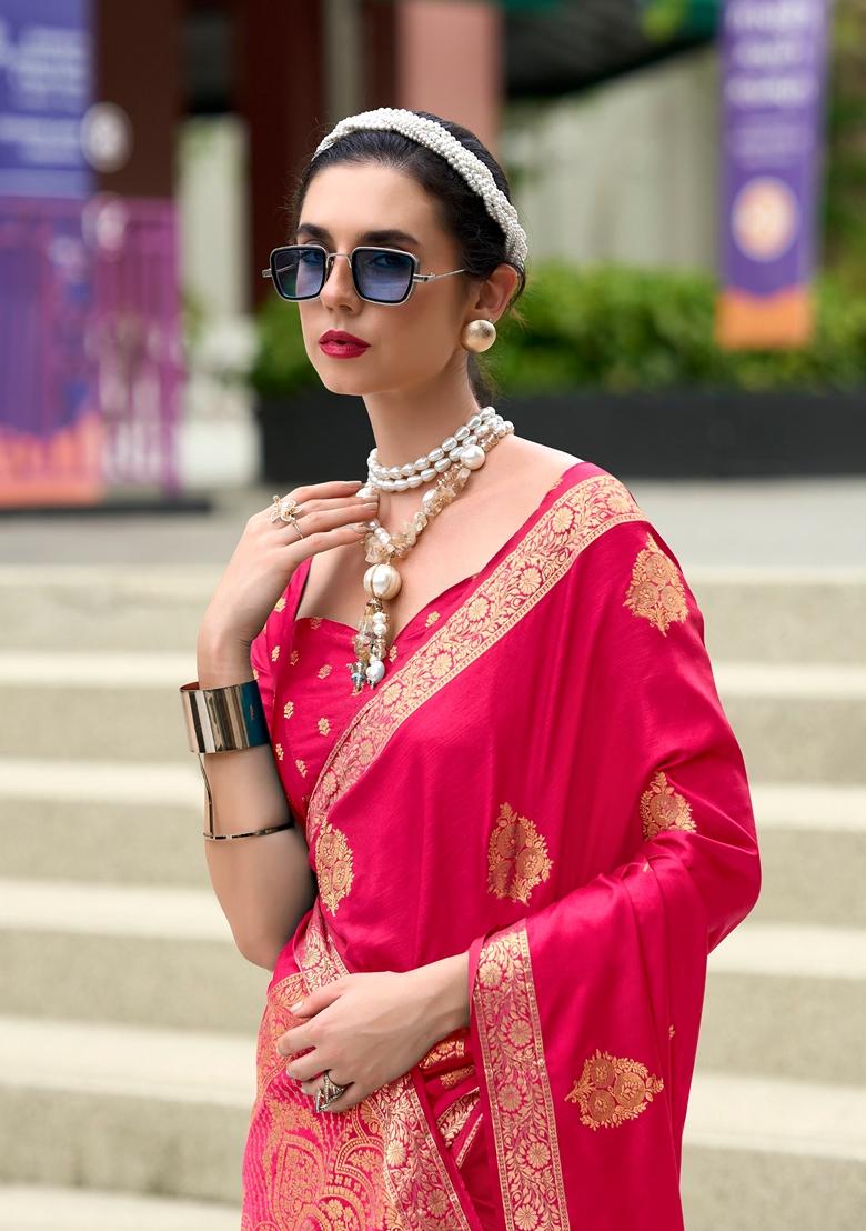 Golden Zari Woven Pure Satin Saree Set