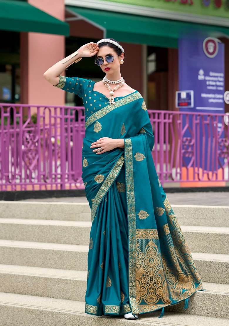 Blue Zari Woven Pure Satin Saree Set - Indya