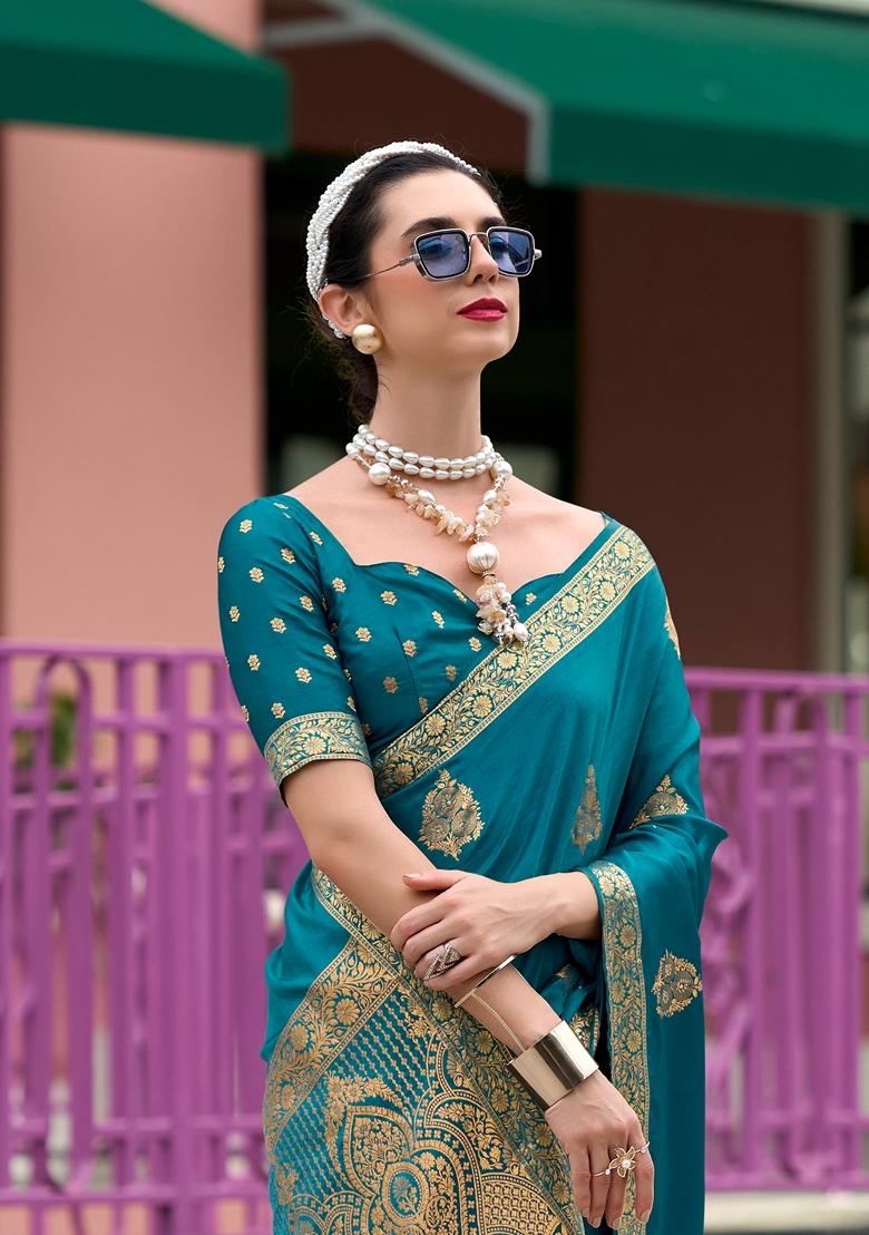 Golden Zari Woven Pure Satin Saree Set