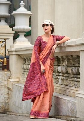 Orange Zari Woven Pure Linen Saree Set