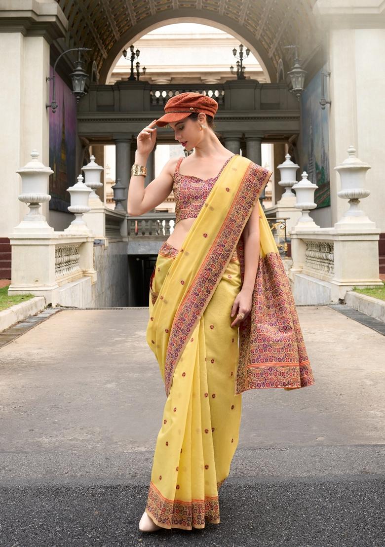Yellow Zari Woven Pure Linen Saree Set
