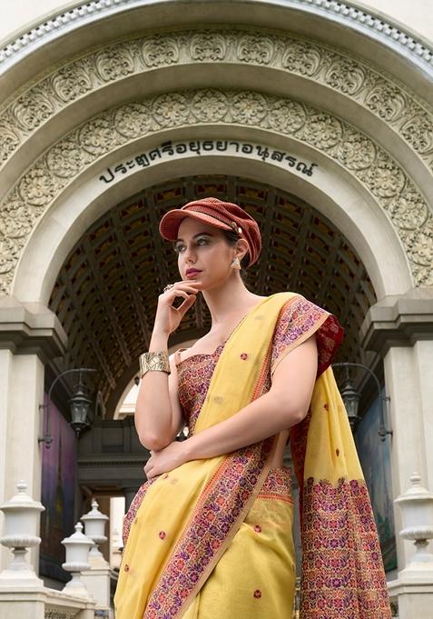 Yellow Zari Woven Pure Linen Saree Set