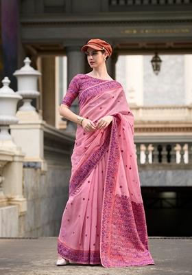Purple Zari Woven Pure Linen Saree Set