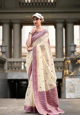 White Zari Woven Pure Linen Saree Set