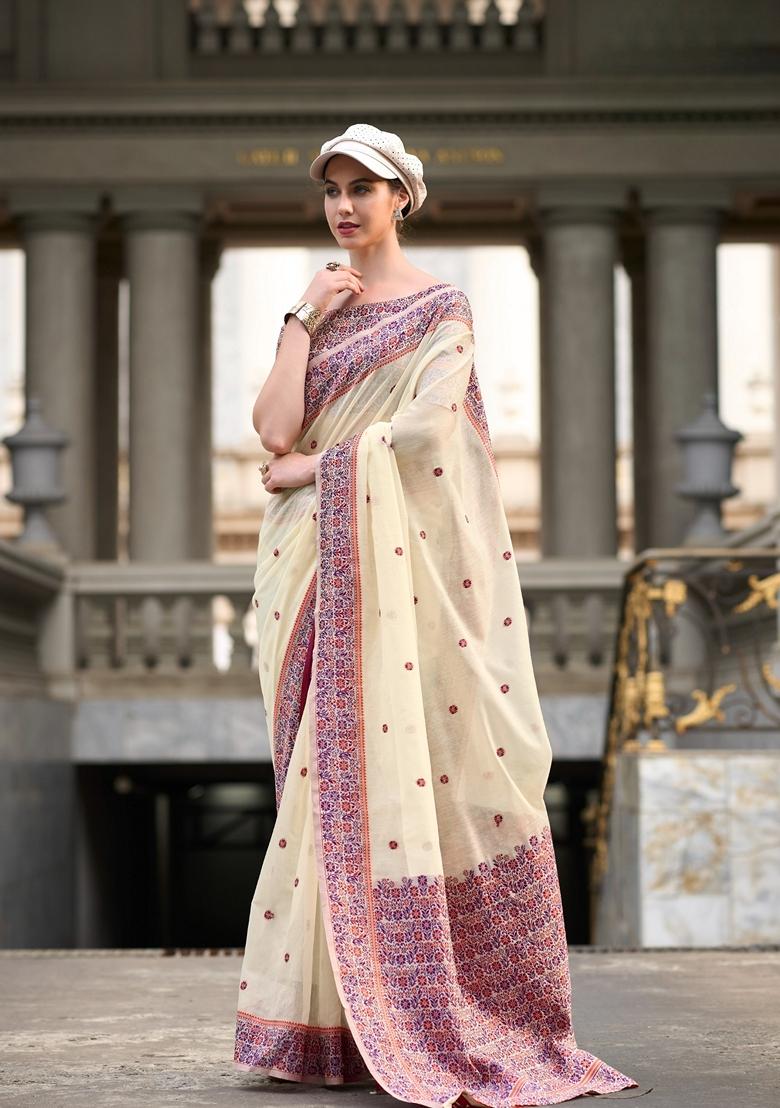 White Zari Woven Pure Linen Saree Set