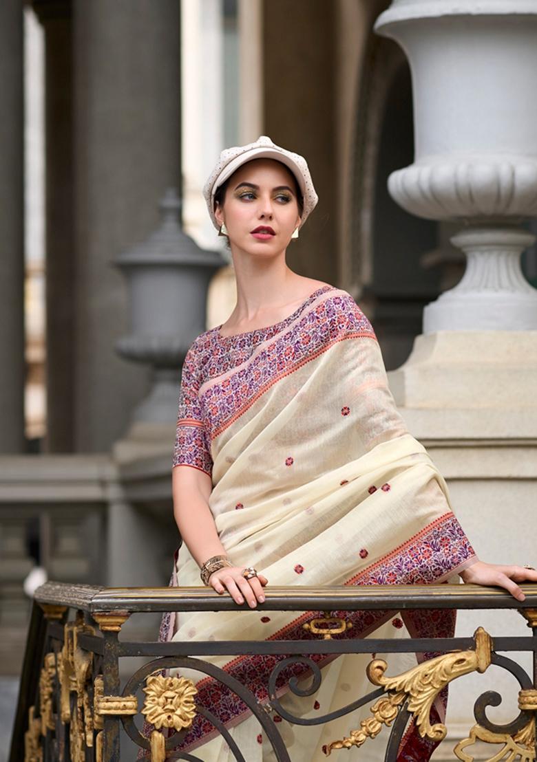 White Zari Woven Pure Linen Saree Set