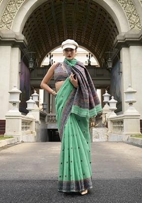 Green Zari Woven Pure Linen Saree Set