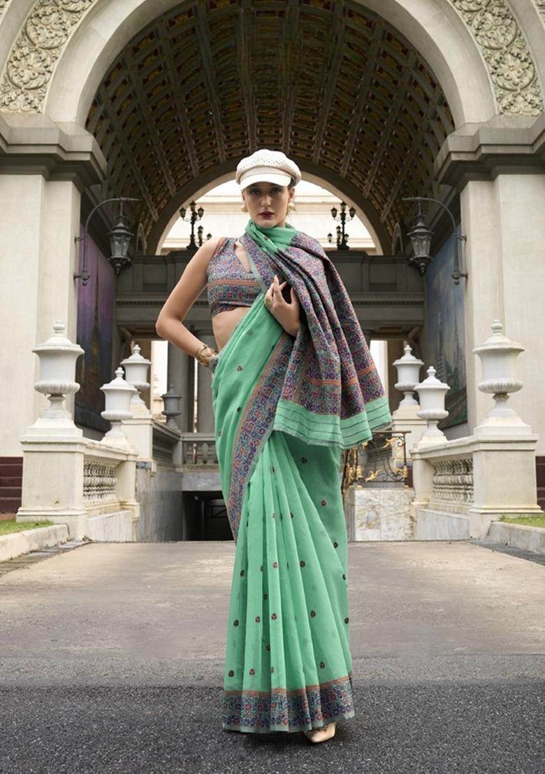 Green Zari Woven Pure Linen Saree Set