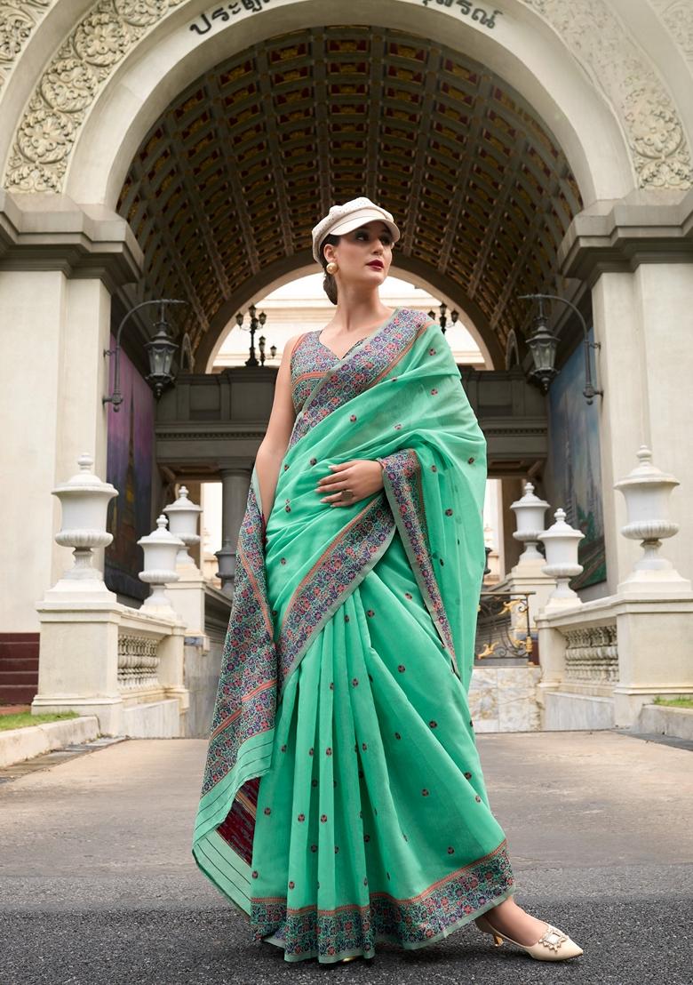 Golden Zari Woven Pure Linen Saree Set