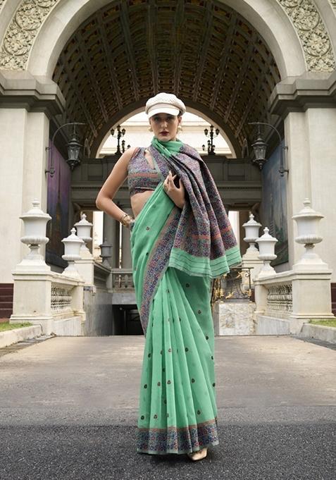 Green Zari Woven Pure Linen Saree Set