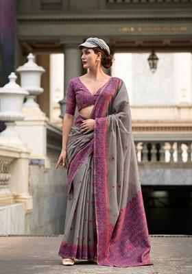 Grey Zari Woven Pure Linen Saree Set