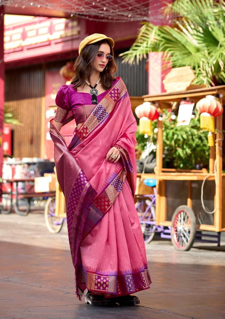Pink Zari Woven Pure Silk Saree Set