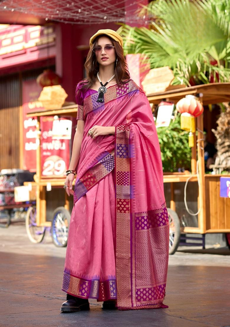 Pink Zari Woven Pure Silk Saree Set