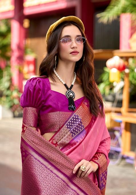 Pink Zari Woven Pure Silk Saree Set