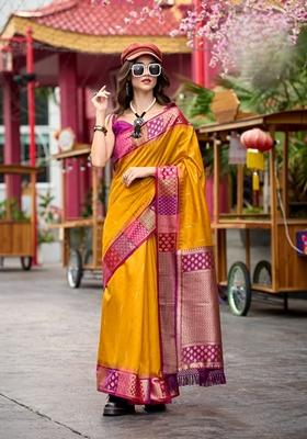 Yellow Zari Woven Pure Silk Saree Set