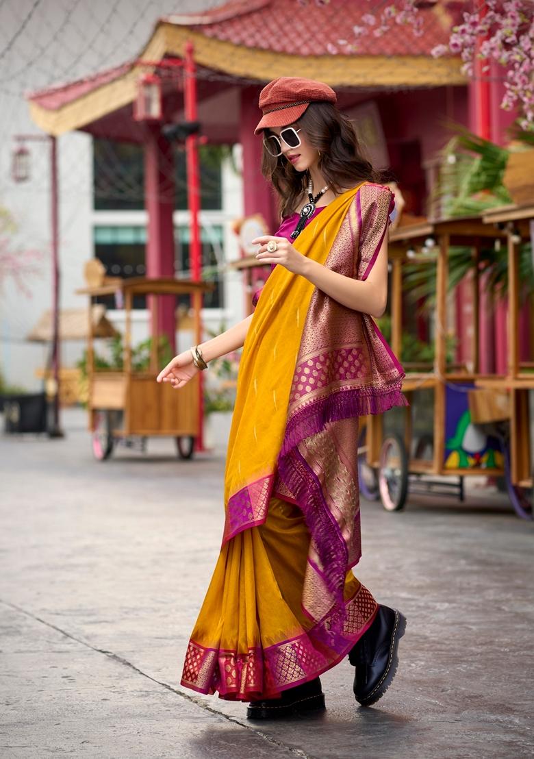 Yellow Zari Woven Pure Silk Saree Set