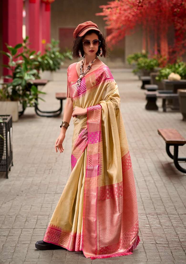 Golden Zari Woven Pure Silk Blend Saree Set for Diwali and Festive Wear - Indya