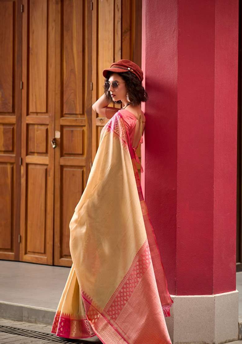 Golden Zari Woven Pure Silk Blend Saree Set for Diwali and Festive Wear - Indya