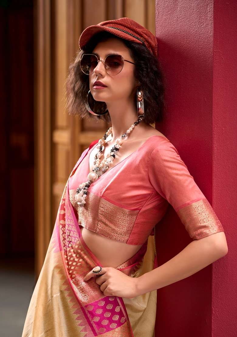 Golden Zari Woven Pure Silk Blend Saree Set for Diwali and Festive Wear - Indya