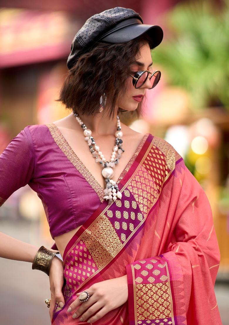 Pink Zari Woven Pure Silk Saree Set