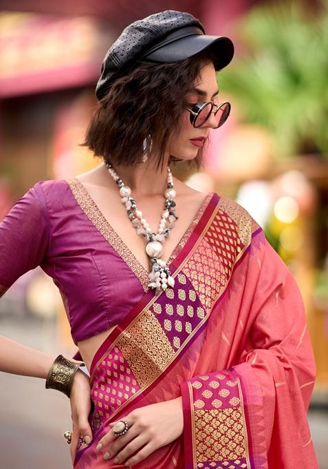 Pink Zari Woven Pure Silk Saree Set