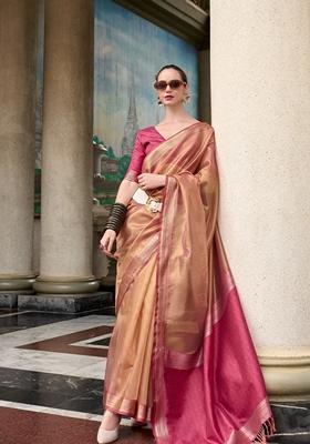 Pink Zari Woven Pure Tissue Saree Set