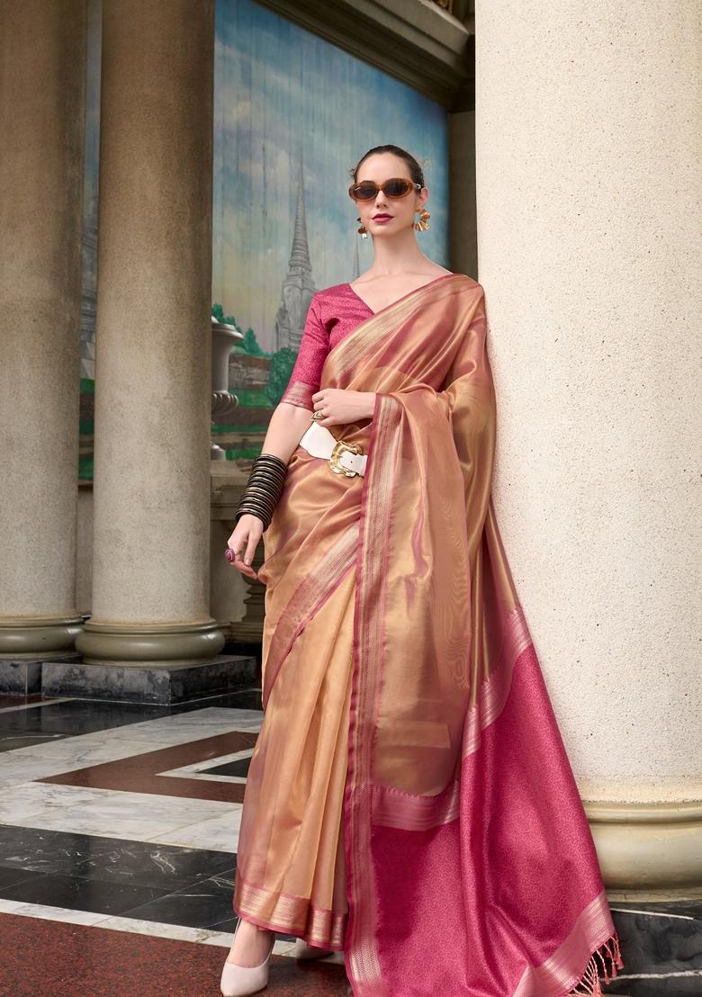 Pink Zari Woven Pure Tissue Saree Set