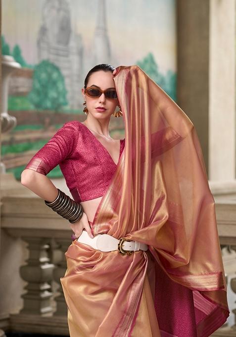 Pink Zari Woven Pure Tissue Saree Set