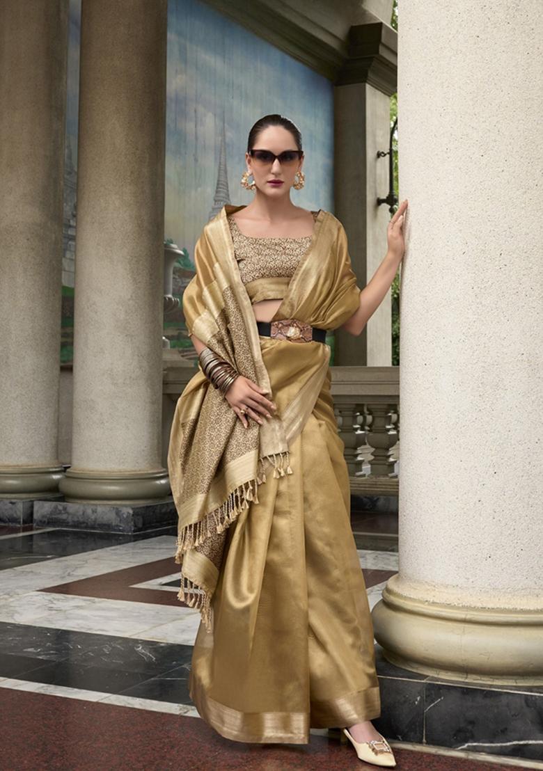Golden Zari Woven Pure Tissue Saree Set