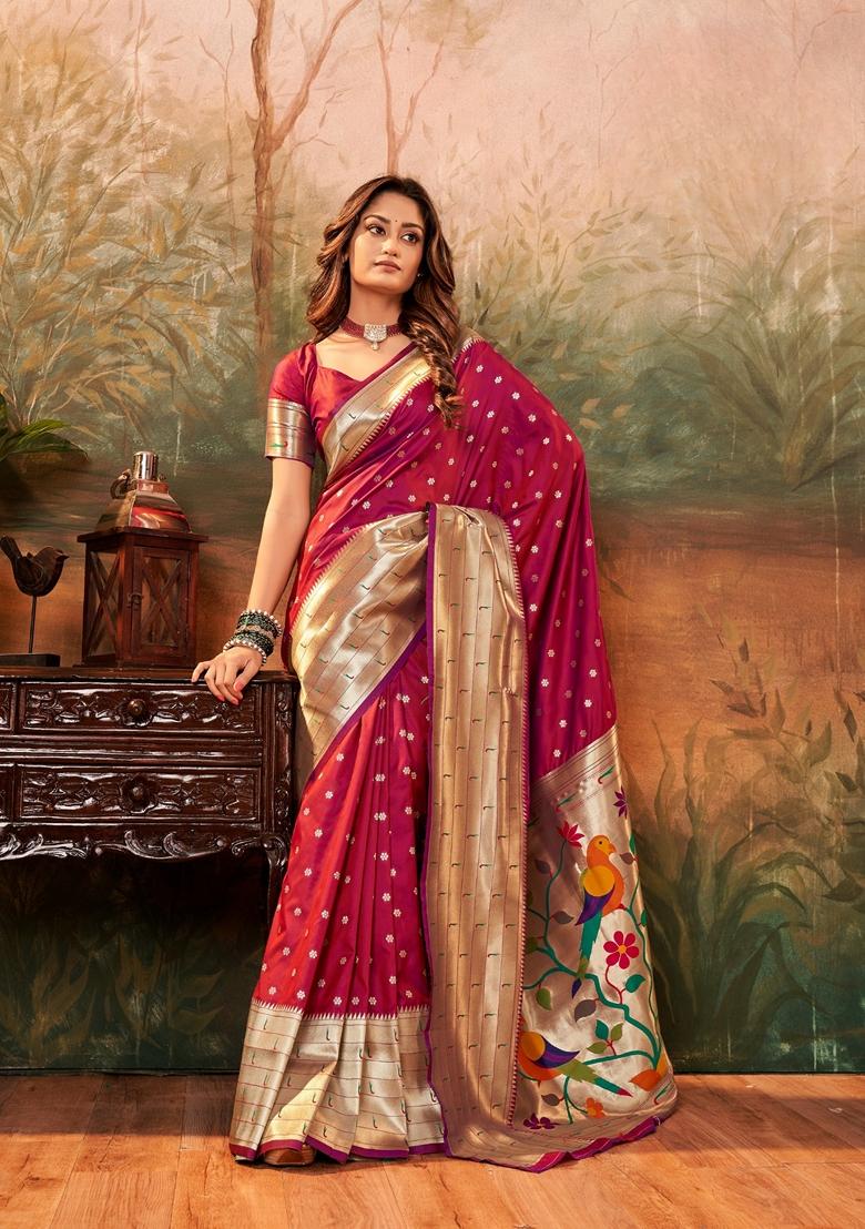 Maroon Zari Woven Pure Paithani Silk Saree Set