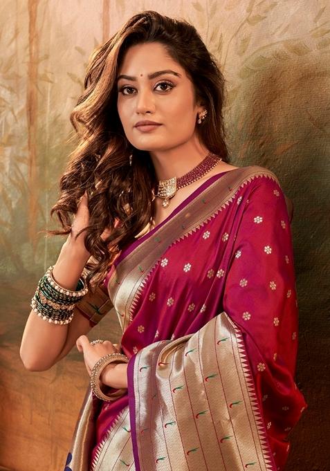 Maroon Zari Woven Pure Paithani Silk Saree Set