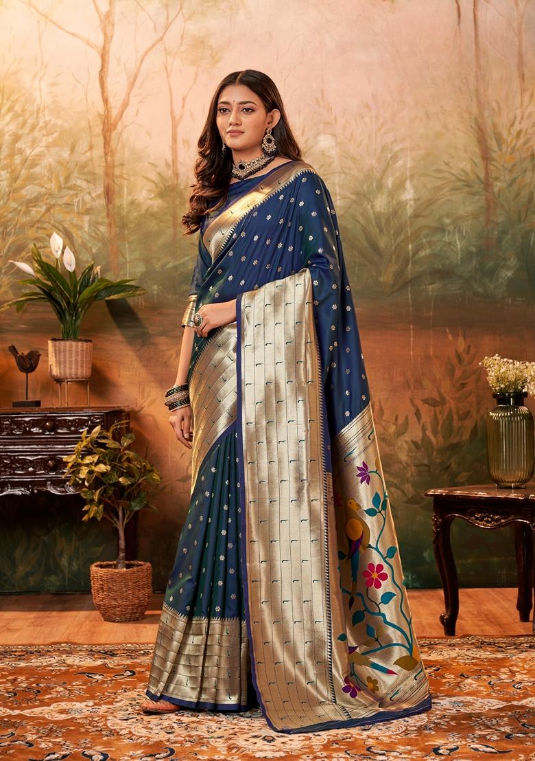 Blue Zari Woven Pure Paithani Silk Saree Set
