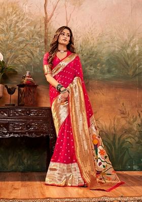 Pink Zari Woven Pure Paithani Silk Saree Set
