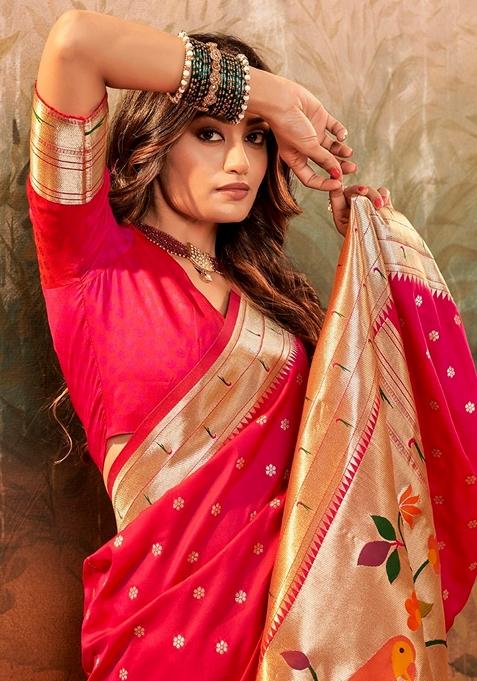 Pink Zari Woven Pure Paithani Silk Saree Set