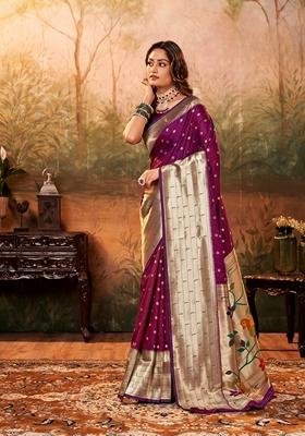 Purple Zari Woven Pure Paithani Silk Saree Set