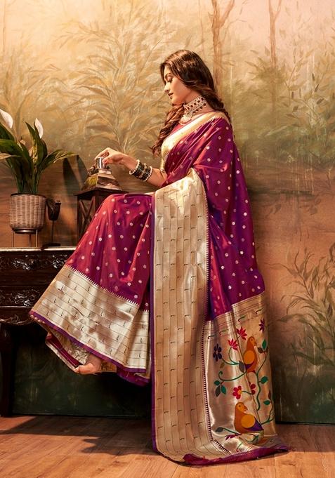 Purple Zari Woven Pure Paithani Silk Saree Set