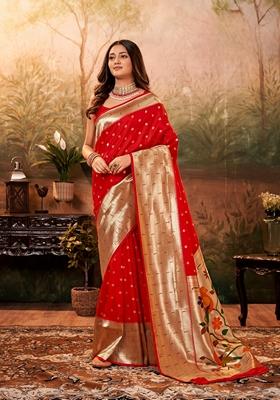 Red Zari Woven Pure Paithani Silk Saree Set