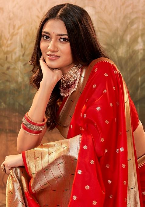 Red Zari Woven Pure Paithani Silk Saree Set