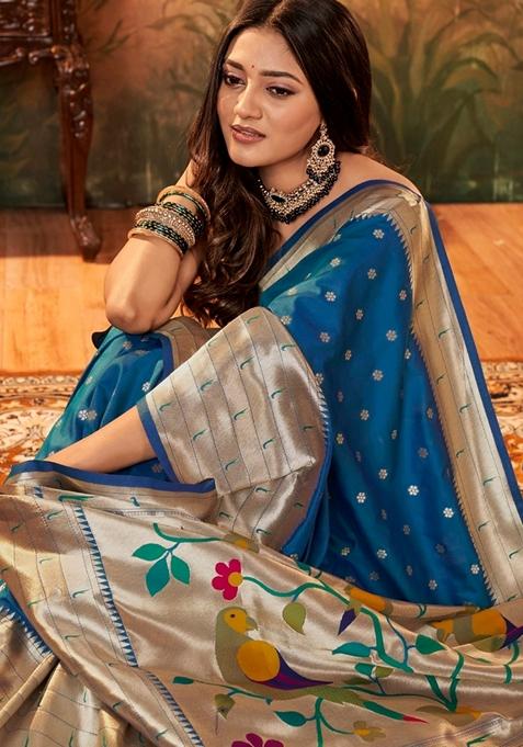 Blue Zari Woven Pure Paithani Silk Saree Set