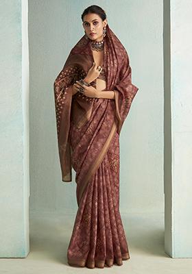 Brown Floral Print Silk Saree Set
